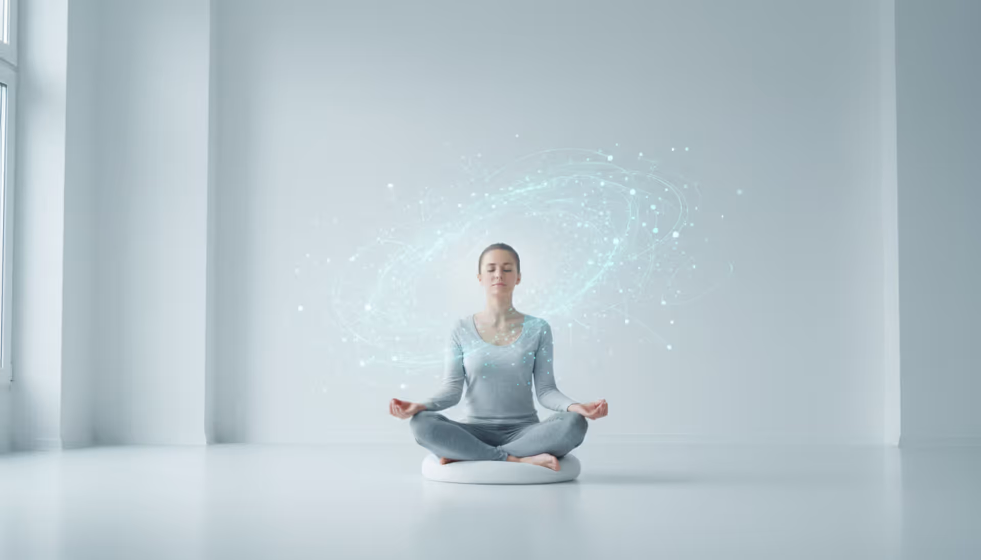 Person meditating in a calm bright room with a soft glowing neural network visualization around their head symbolizing brain activity and pain processing