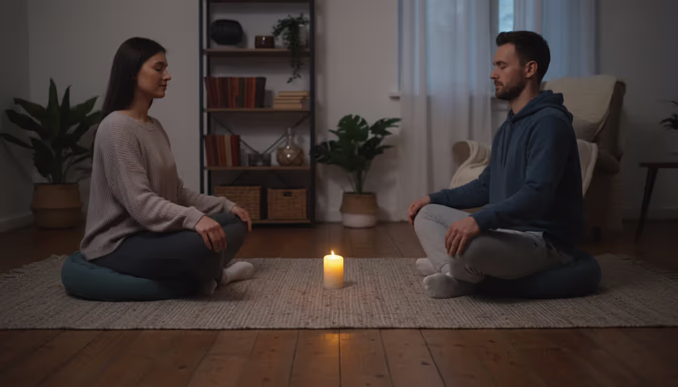 A couple sitting on meditation cushions on the floor facing each other with a single candle between them in a dim cozy room