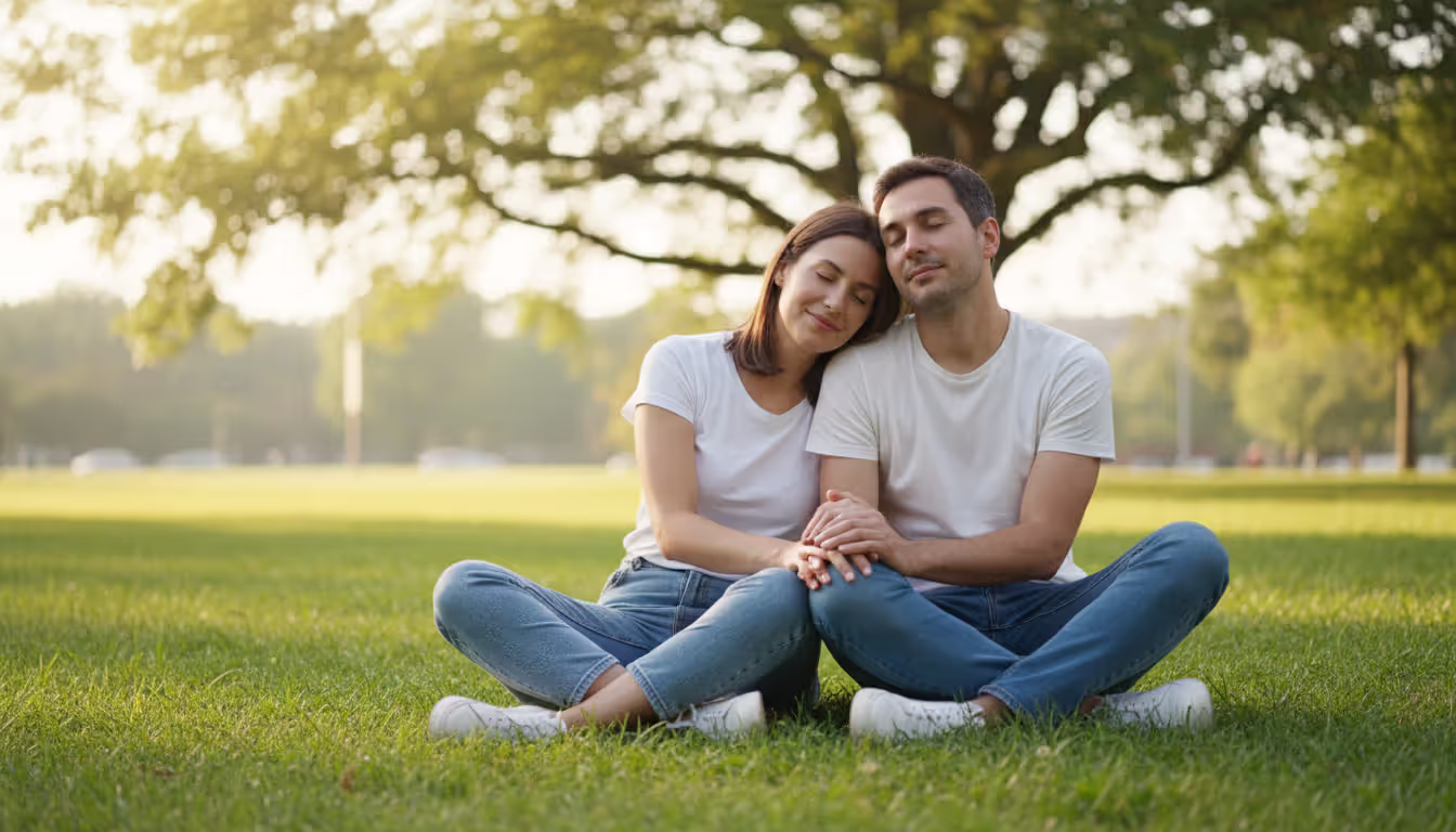 A couple meditating together sitting on grass in a park during early morning with soft sunlight eyes closed gentle smiles holding hands