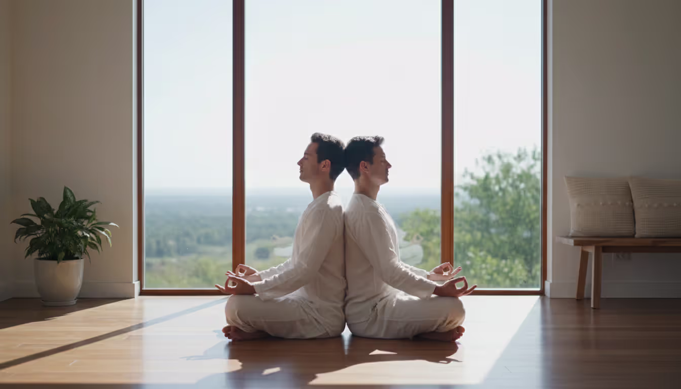 A couple sitting back to back on the floor leaning against each other meditating with eyes closed in a bright minimalist room with large window
