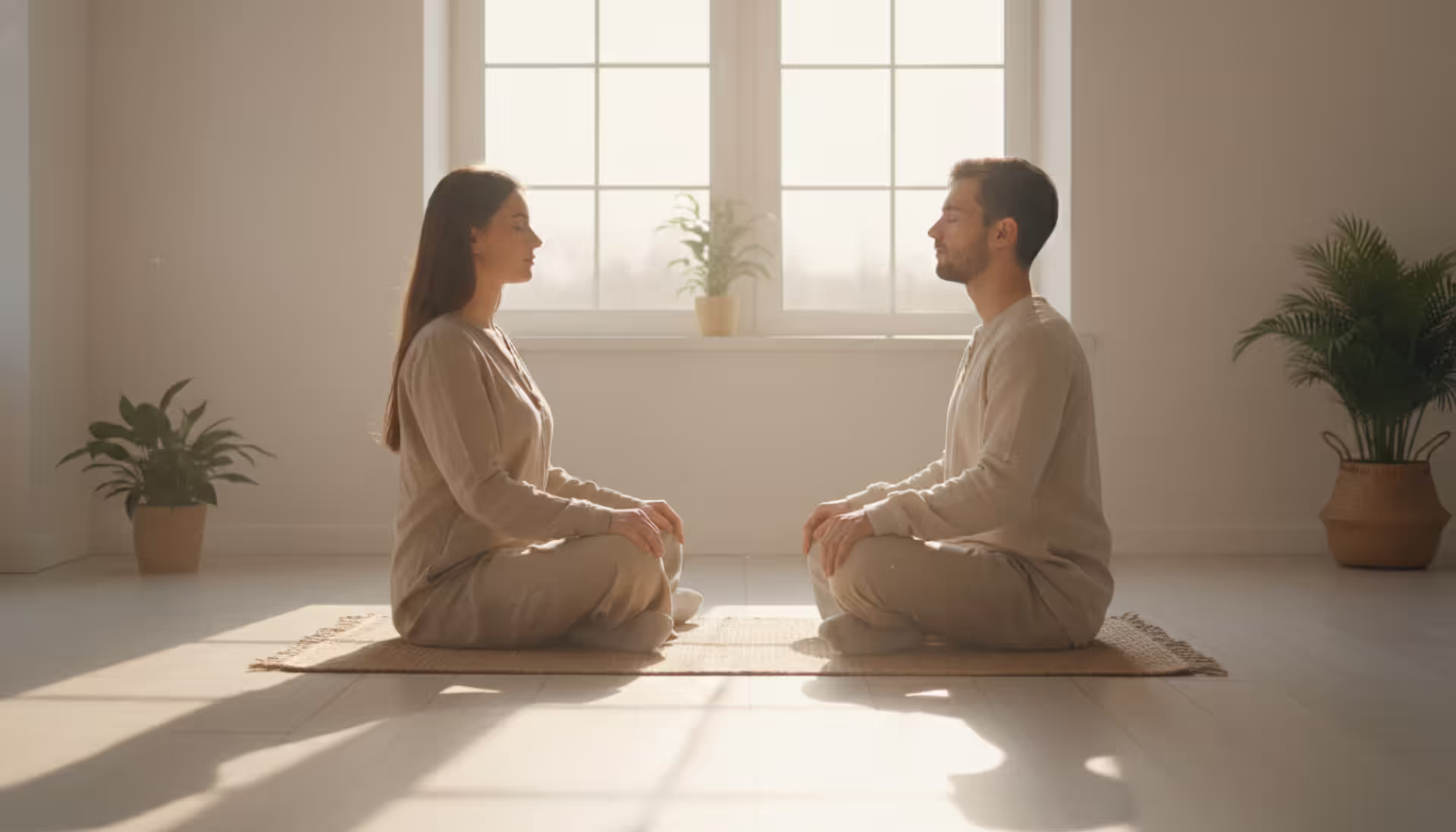 A couple sitting cross-legged facing each other meditating together in a bright minimalist room with soft morning light