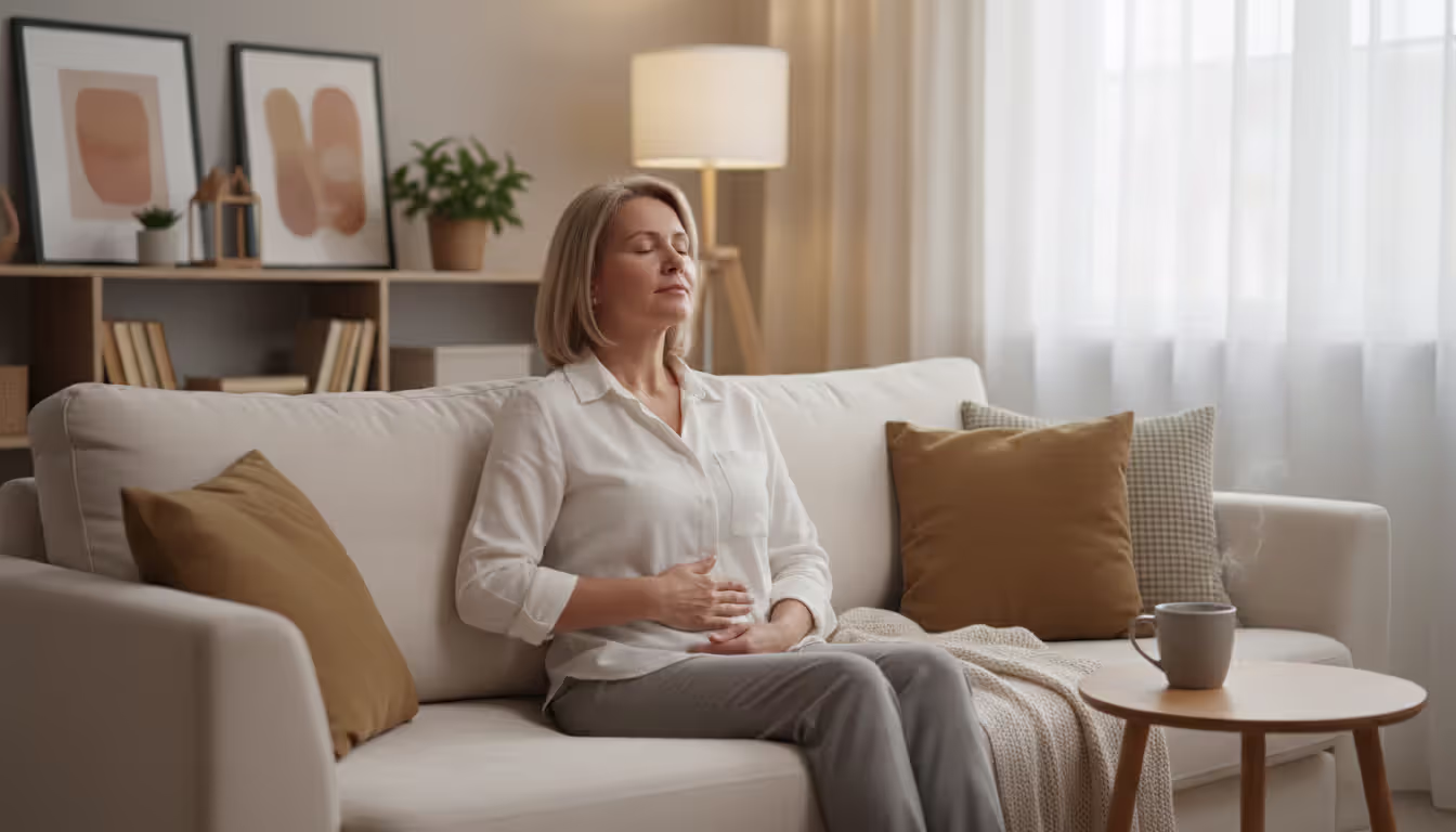 Woman sitting on a couch practicing deep breathing meditation with her hand on her abdomen in a cozy home setting