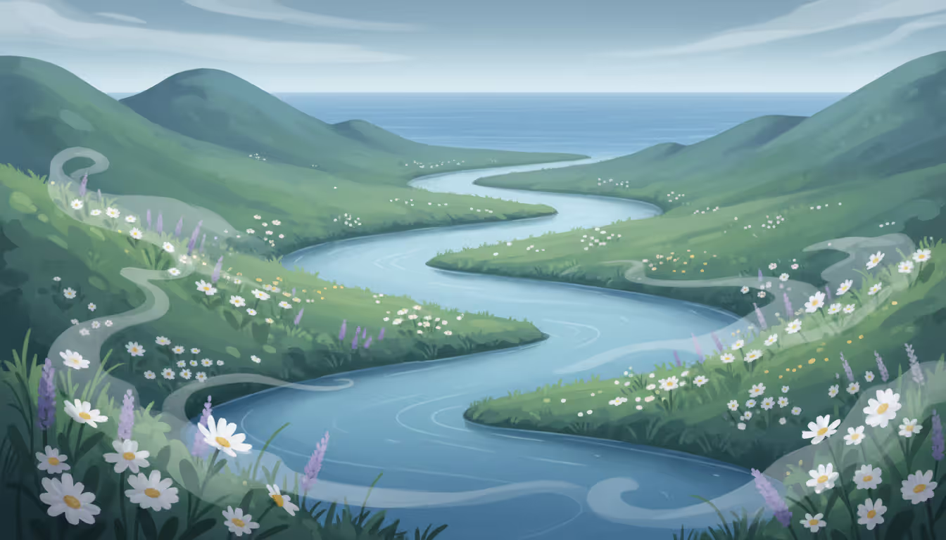 Serene blue river flowing smoothly through a green valley from mountains to ocean symbolizing healthy digestive flow