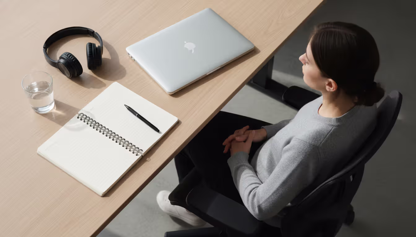 Person sitting on the edge of a bed in casual clothes meditating with eyes closed in a cozy bedroom with soft morning light and a steaming mug on the nightstand