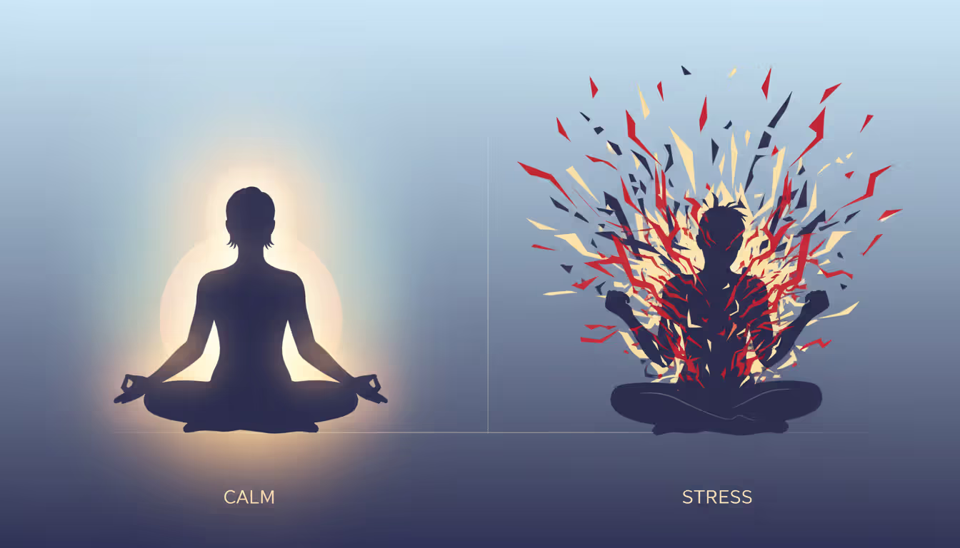 Two silhouettes meditating side by side, one calm with soft glow and one tense surrounded by chaotic stress lines showing contrast between positive and negative meditation effects