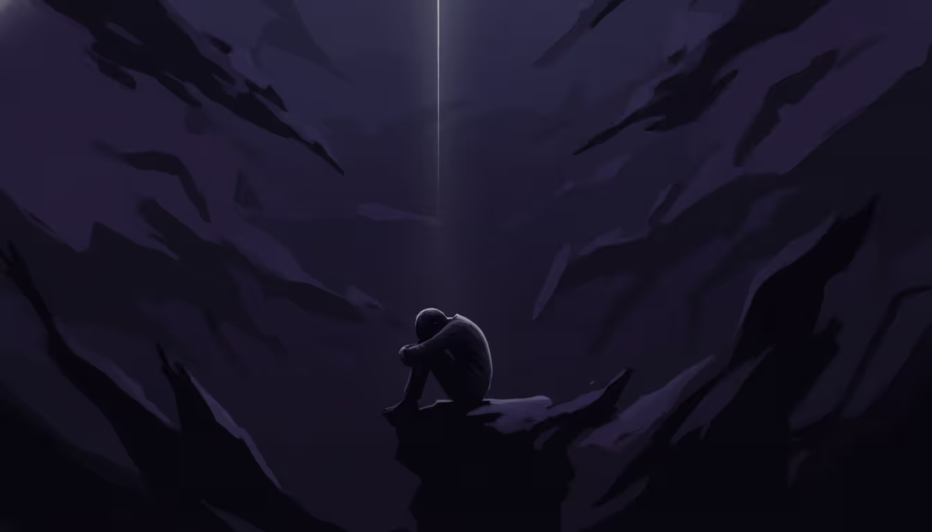 A lonely person sitting on the edge of a dark void hugging their knees with head down in deep purple and black tones with a faint unreachable light beam from above symbolizing existential crisis