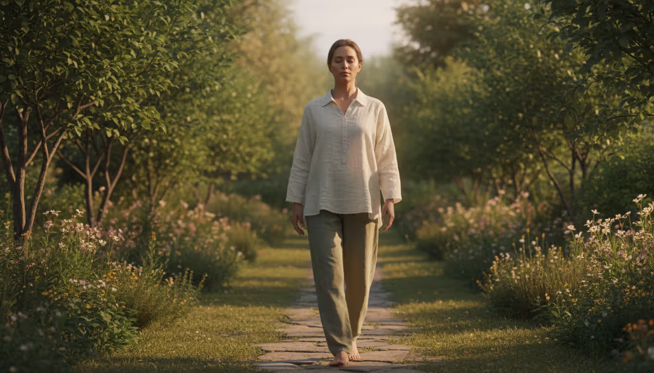 A person practicing walking meditation outdoors in a green park with open eyes calm expression and relaxed hands surrounded by trees and soft sunlight conveying safety and mindful awareness