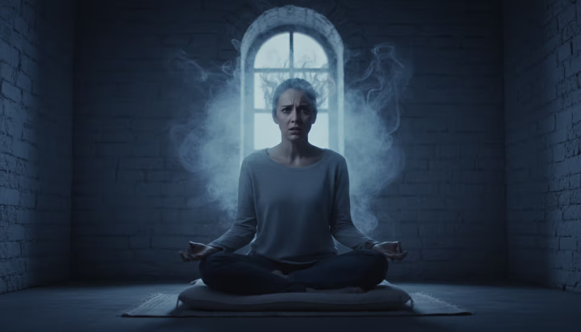 A person sitting in meditation pose in a dimly lit room with a tense facial expression and subtle fog effect around the head symbolizing inner turmoil