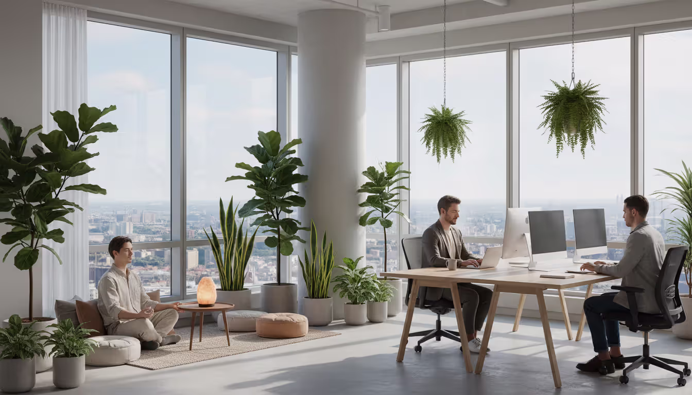 A modern open-plan office with a dedicated meditation corner featuring floor cushions, employees in business casual clothing, one person meditating while others work nearby, calm productive atmosphere