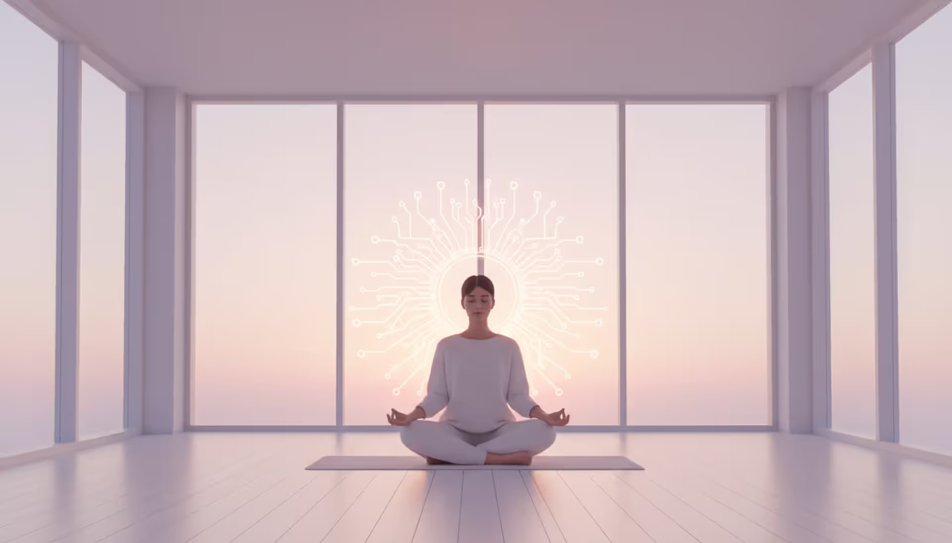 A person meditating in a minimalist sunlit room with stylized neural network illustration around the head, warm pastel tones