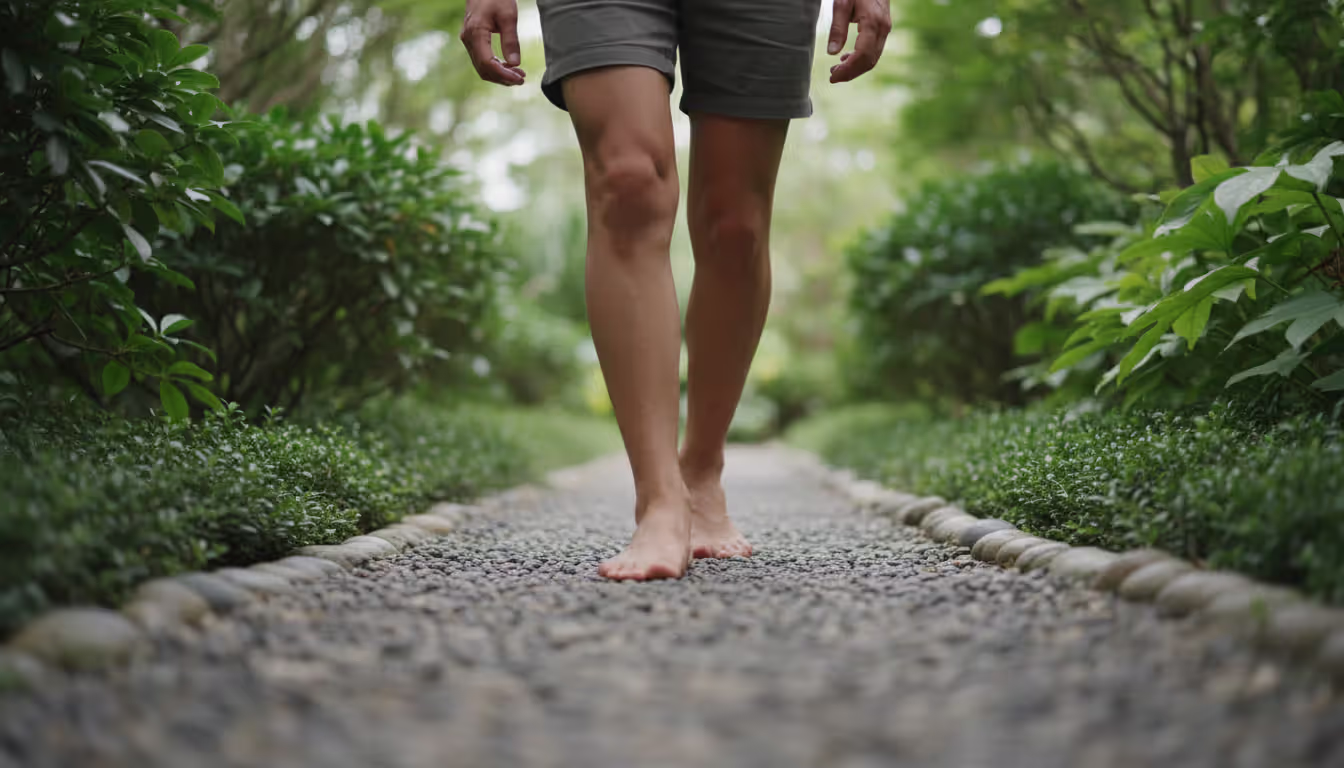 Person practicing walking meditation barefoot on a garden path at a retreat center, focused gaze downward, surrounded by green plants