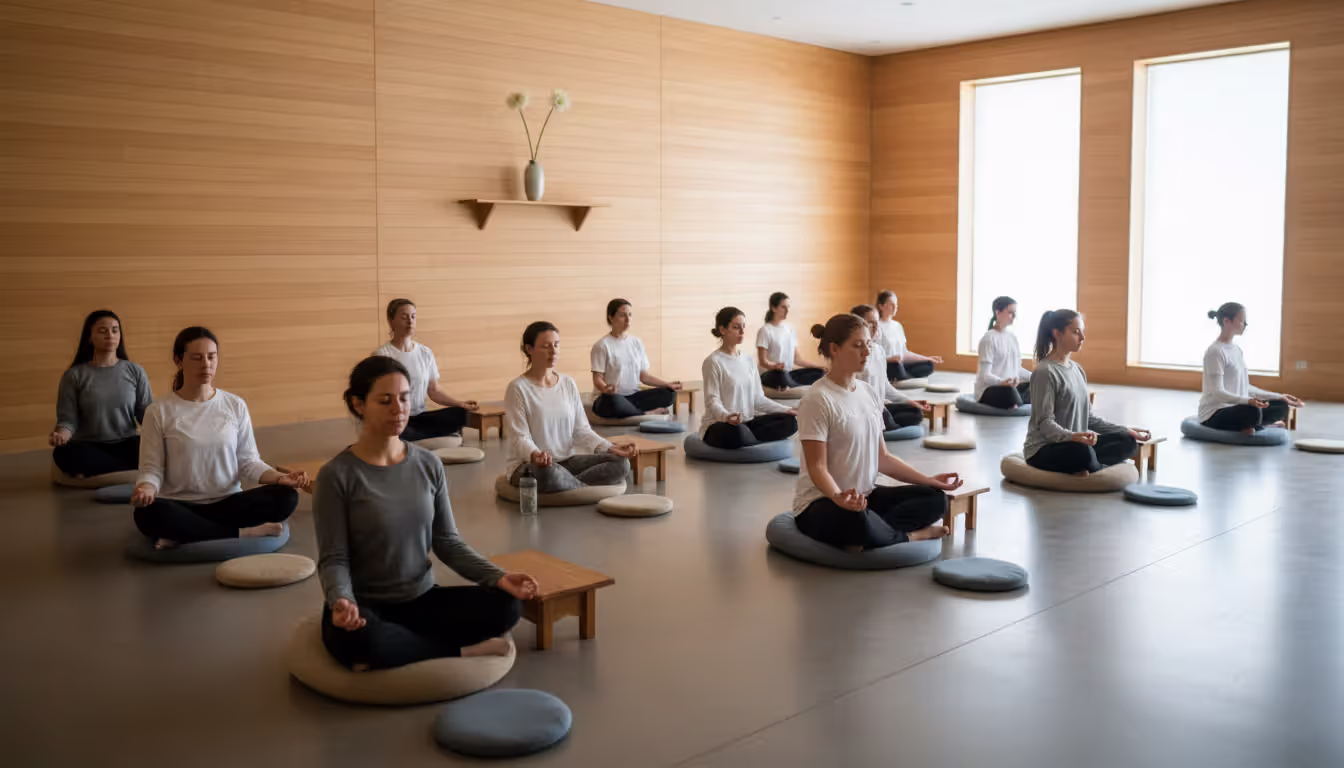 Group of people sitting in silent meditation in a minimalist wooden hall with eyes closed, simple decor with a single flower vase