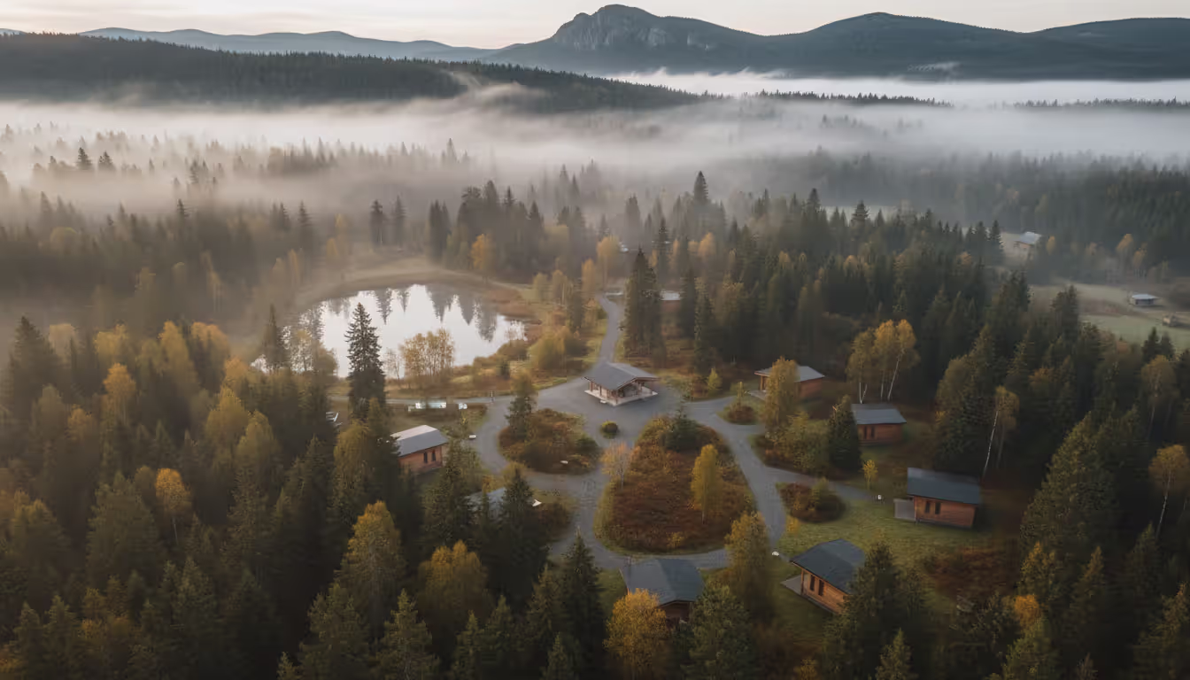 Aerial view of a peaceful meditation retreat center with small wooden cabins among trees, winding paths, and misty hills in the background