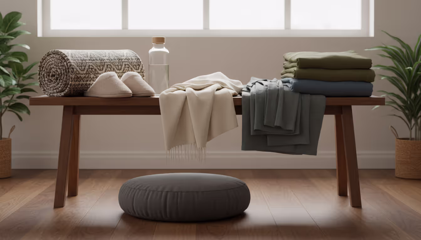 Neatly arranged retreat packing essentials on a wooden bench including a blanket, slippers, water bottle, shawl, and meditation cushion in soft natural light