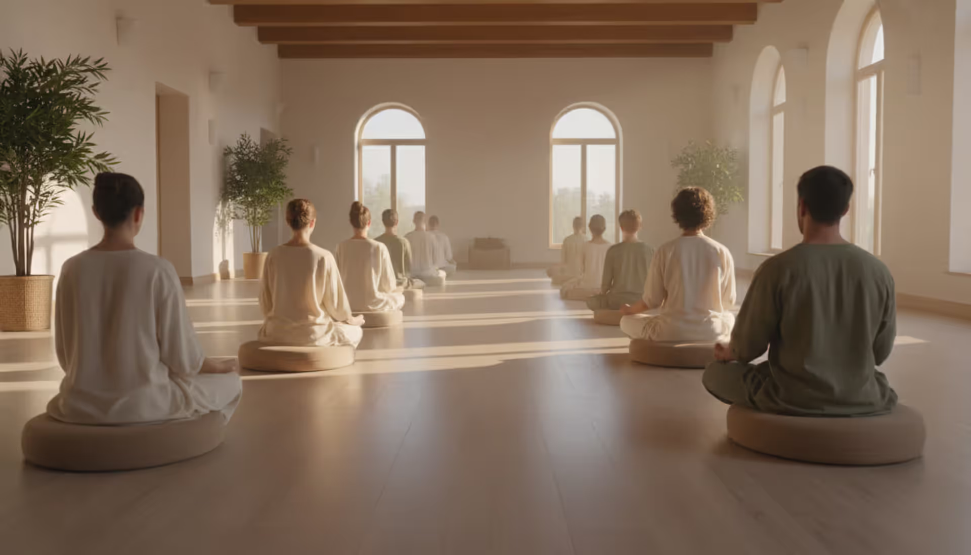 Spacious meditation hall at sunrise with rows of cushions on wooden floor and people sitting in meditation seen from behind, soft morning light through tall windows