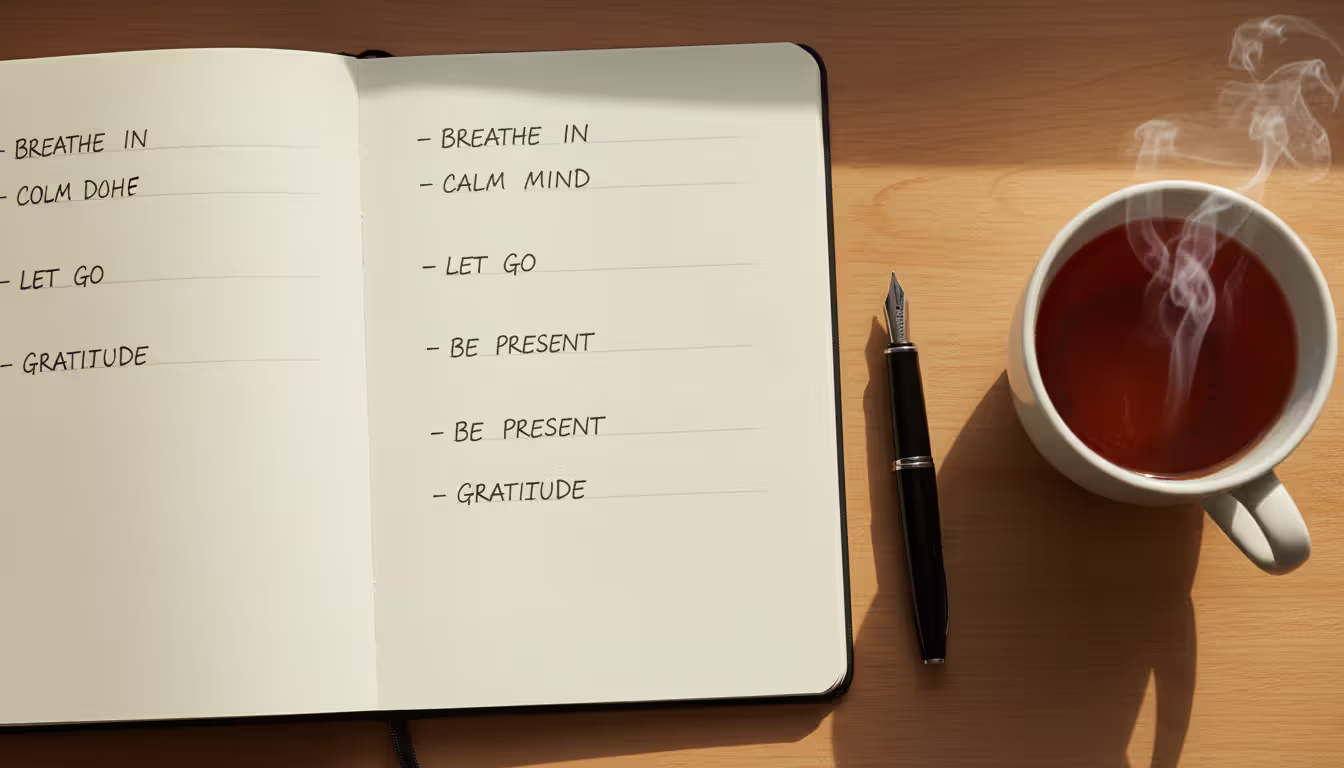 A top-down view of an open handwritten meditation journal with a pen and a cup of herbal tea in warm natural light