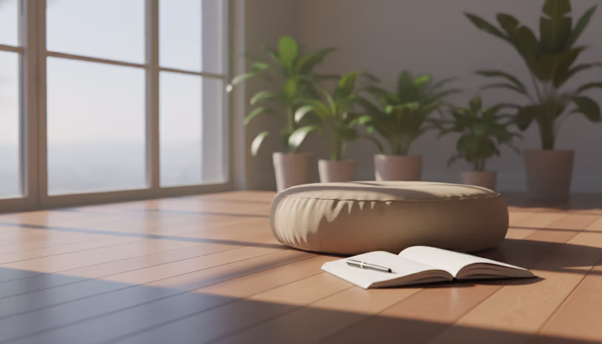 A minimalist meditation corner with a floor cushion, an open notebook with a pen, and soft morning light streaming through a large window