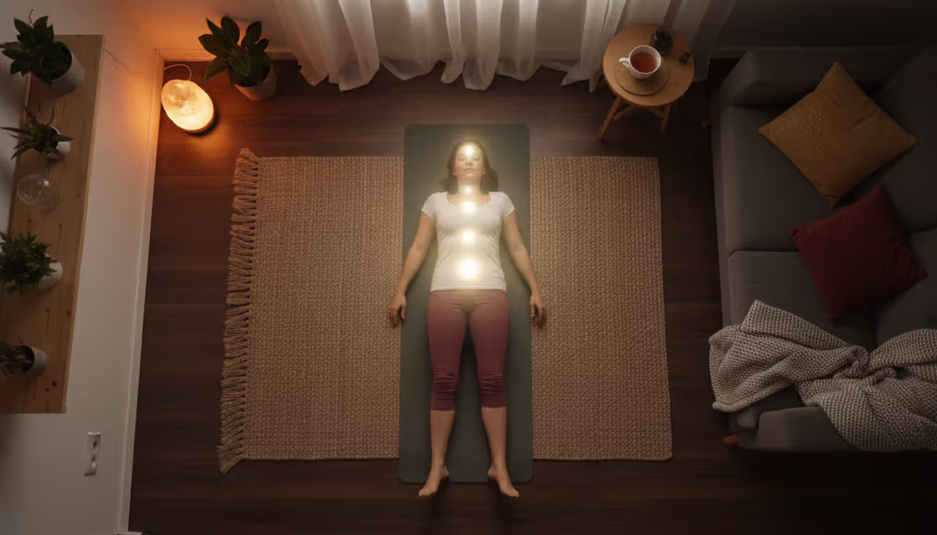 Person lying on yoga mat seen from above with soft glowing light highlighting different body zones in sequence representing body scan meditation practice, warm dimly lit room