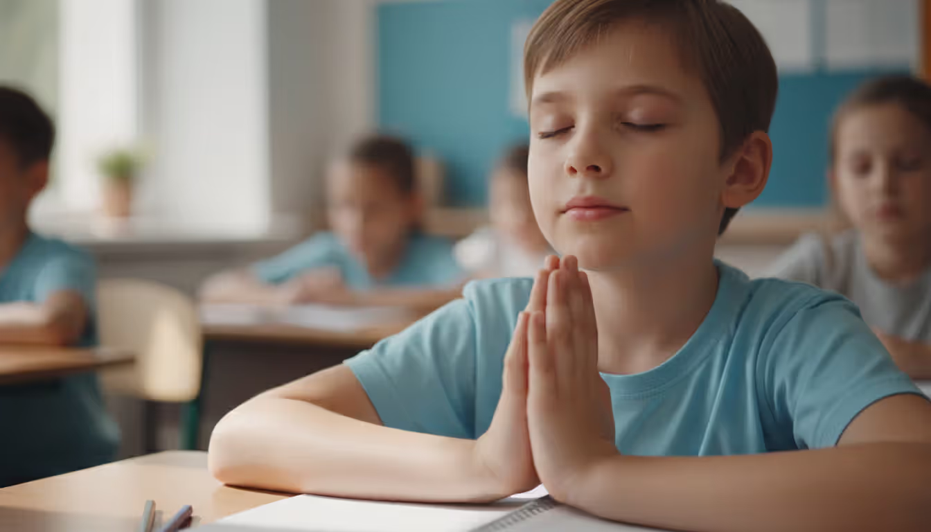Close-up of a young elementary school child sitting at a desk with eyes closed practicing breathing meditation in a classroom with soft natural lighting