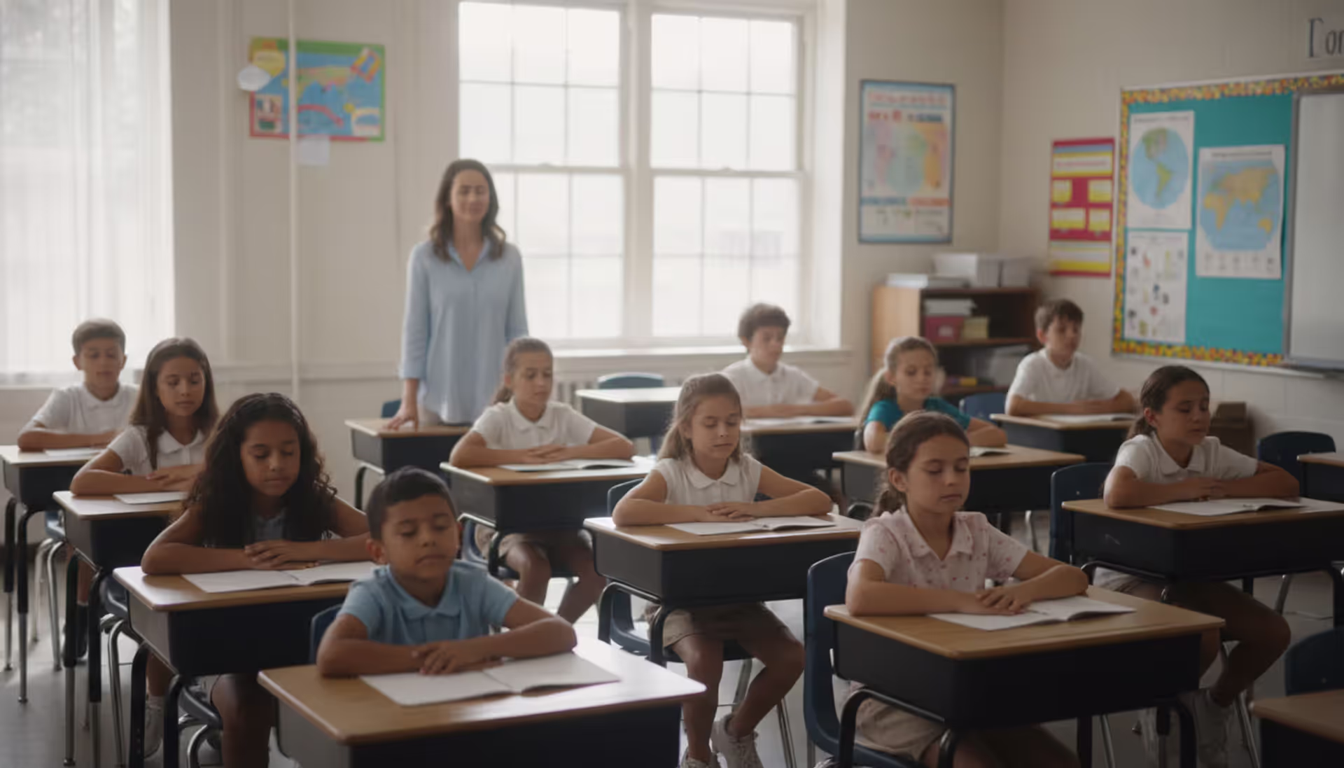 A diverse group of school students sitting at desks with closed eyes practicing mindfulness meditation in a bright classroom while a female teacher guides the session