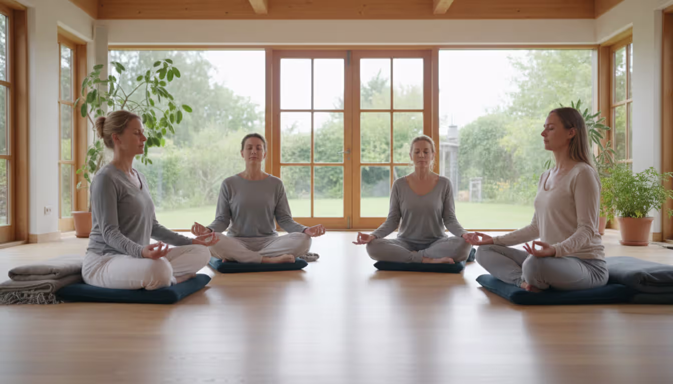 A small diverse group of people sitting in a circle on meditation cushions in a bright spacious room with wooden floor and large windows meditating together