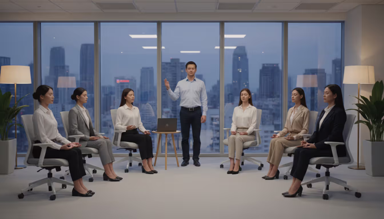 Corporate meditation session with an instructor leading employees in a modern office with panoramic windows