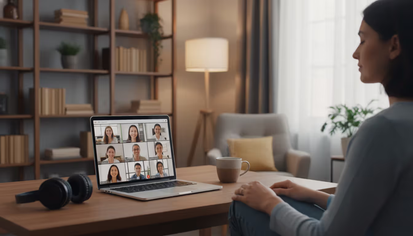 Person leading an online meditation class via video call from a cozy home workspace with laptop and headphones