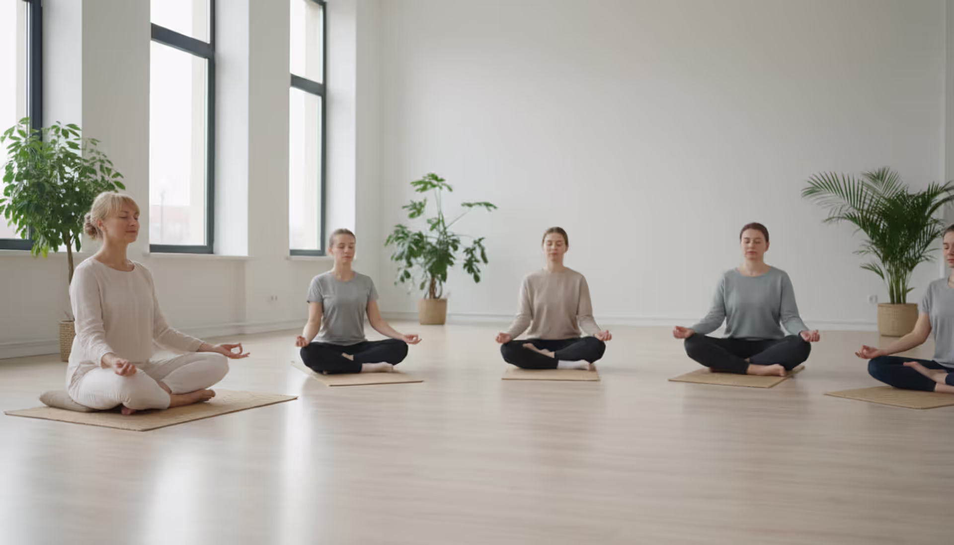 A meditation teacher sitting in lotus pose guiding a small group of students in a bright minimalist studio with natural light and wooden floor
