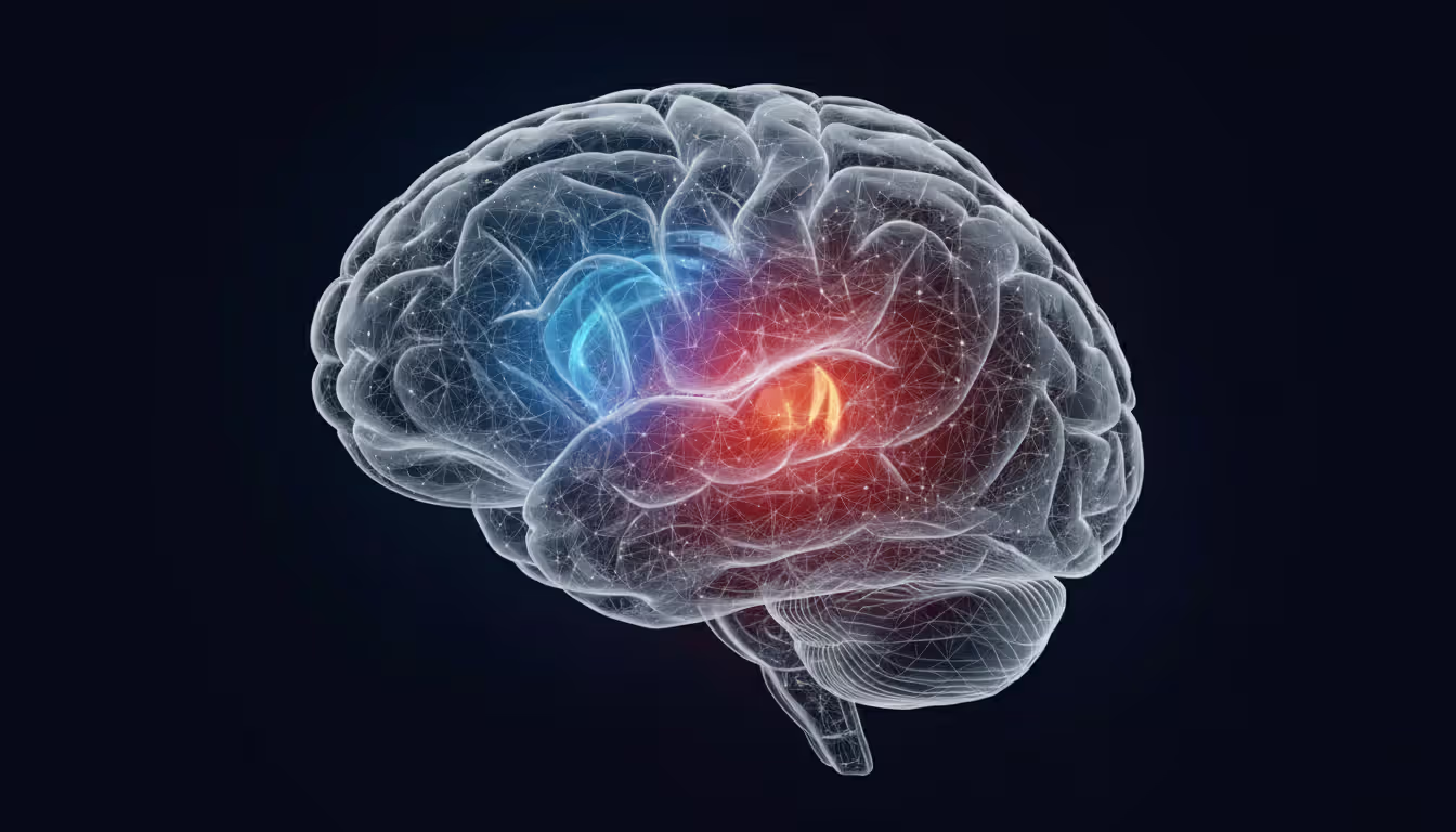 Scientific 3D illustration of human brain highlighting prefrontal cortex in blue glow and amygdala in soft red on dark background