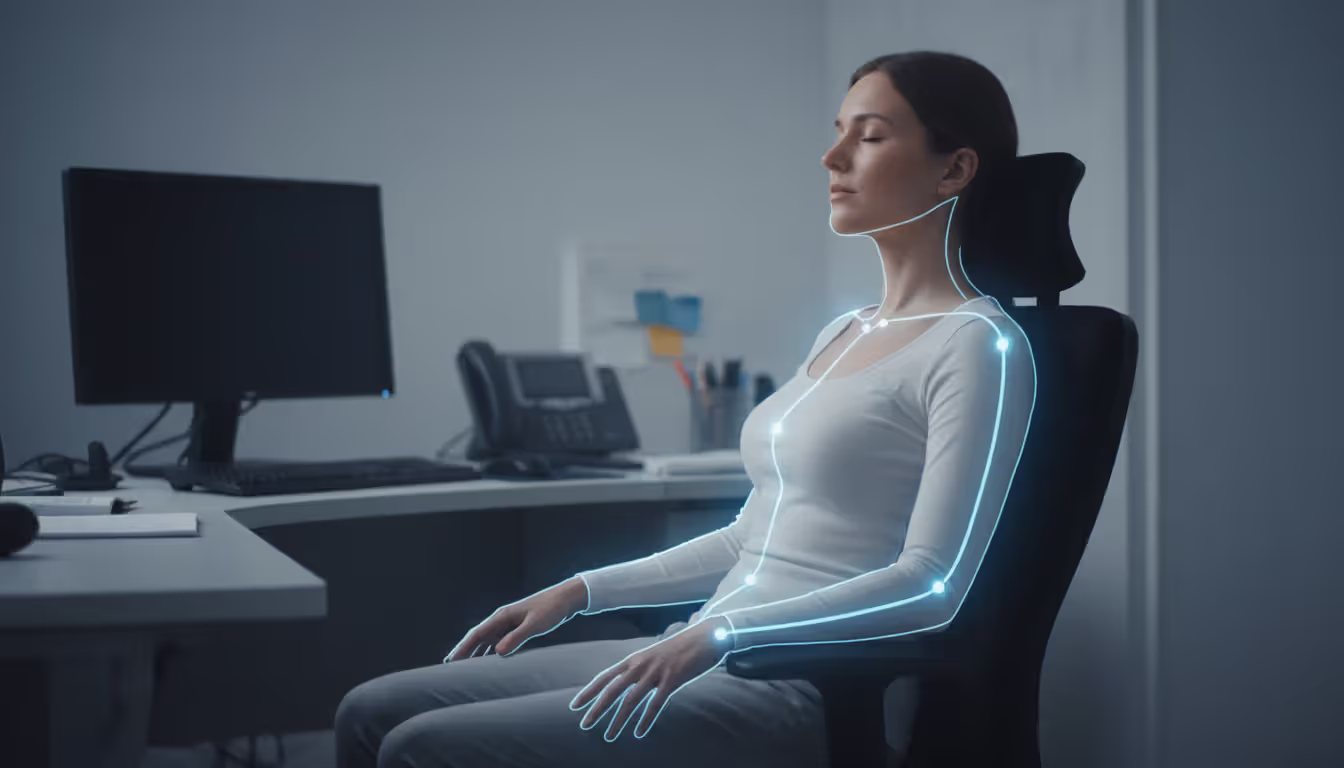 Person sitting in office chair with eyes closed as a soft glowing line traces down from head to feet illustrating body scan meditation process