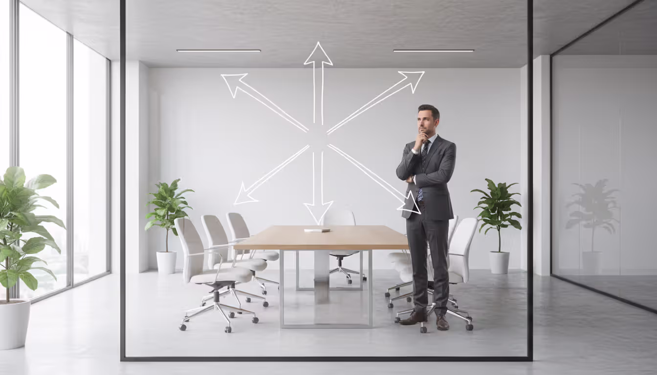 Business professional calmly standing before a transparent whiteboard with decision pathway arrows in a bright modern meeting room