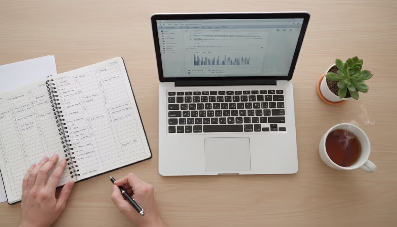 Top view of a tidy workspace with open laptop, planner filled with checkmarks, tea cup, and small green plant in soft natural light