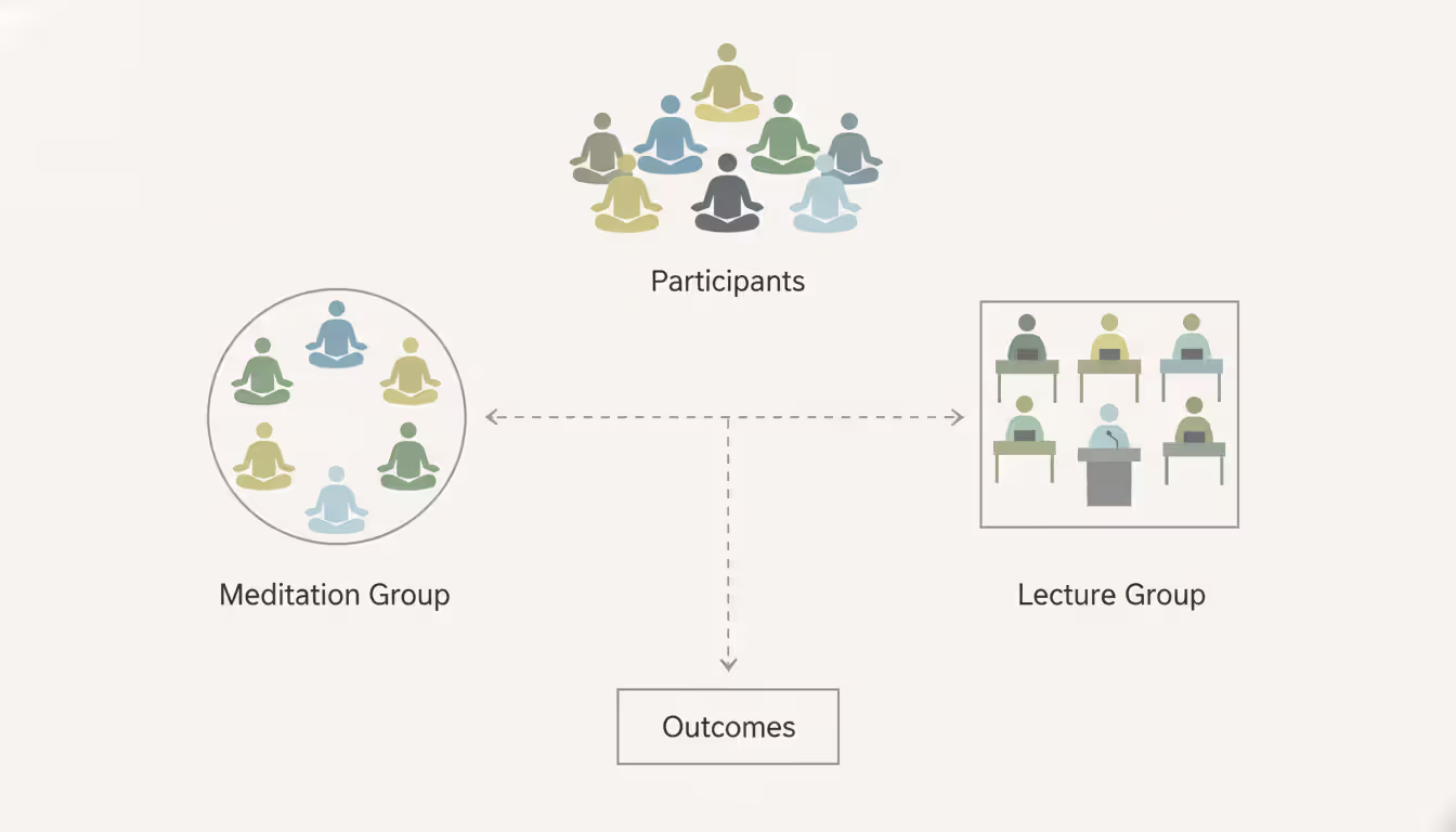 Infographic showing randomized controlled trial design with participants divided into meditation group and education control group