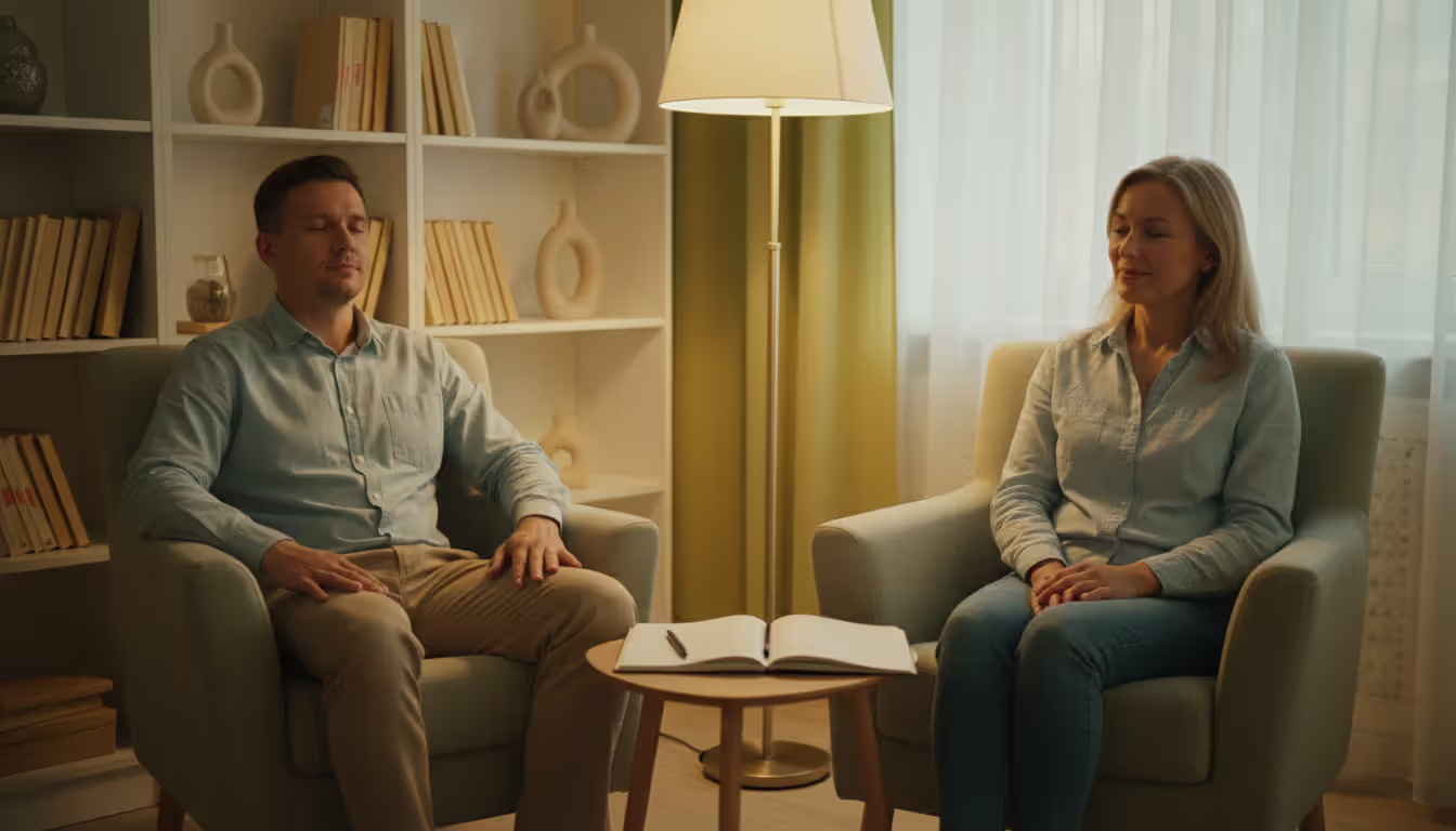 Therapist guiding a patient through a mindfulness exercise in a calm psychotherapy office with warm lighting