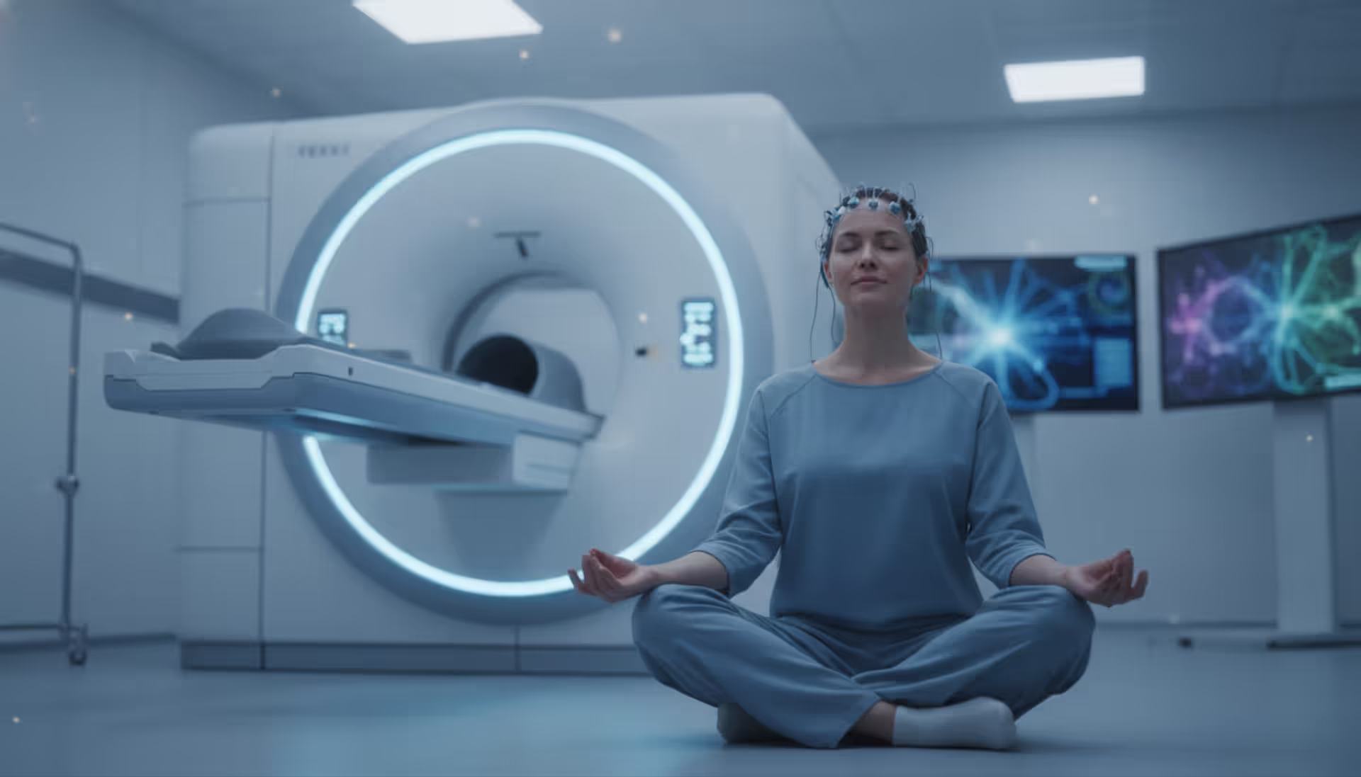 Person meditating in a modern neuroscience laboratory with brain imaging equipment and monitors showing brain activity patterns in the background