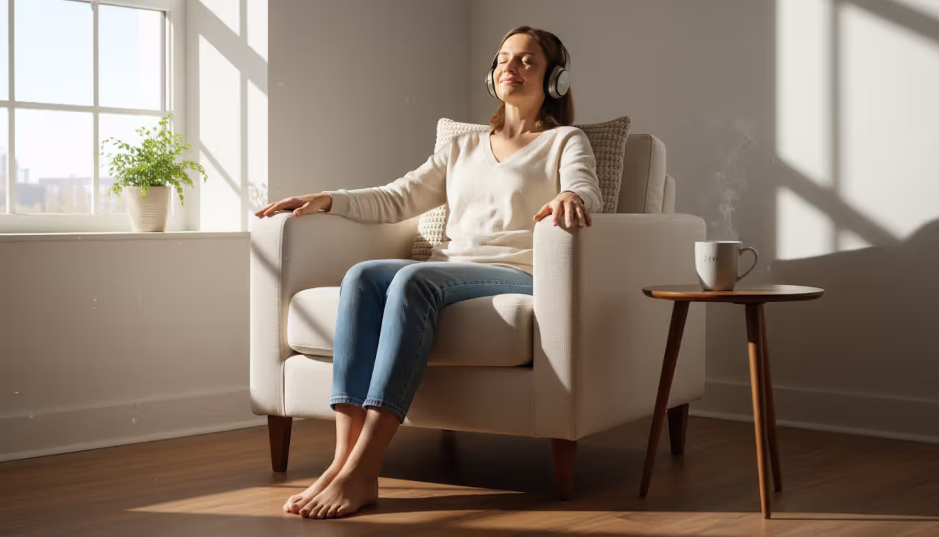 Person meditating comfortably in a cushioned armchair with headphones in a bright morning room showing relaxed accessible meditation posture