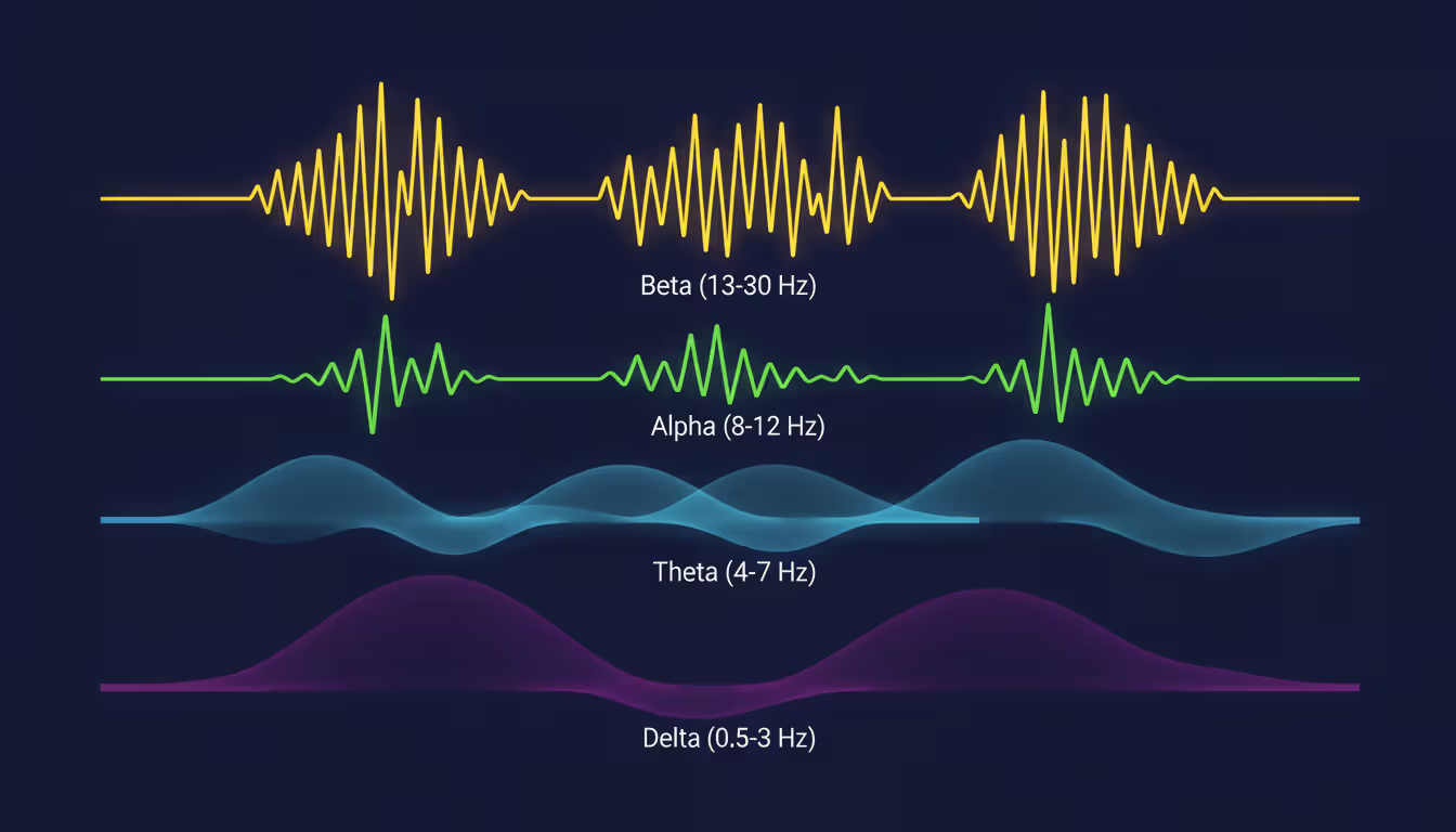 Visualization of four brain wave types beta alpha theta delta shown as colored wave patterns with frequency ranges on dark blue background