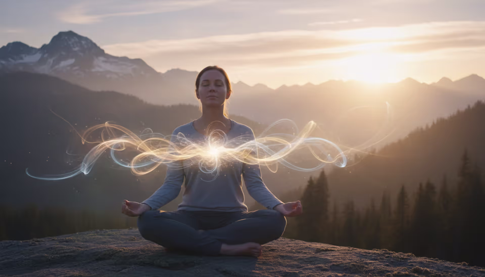 Person meditating in lotus pose at sunrise in mountain landscape with soft glowing breath energy lines emanating from chest area
