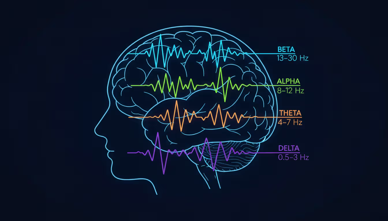 Human brain profile with four types of brainwaves beta alpha theta and delta shown as colored sinusoidal waves at different frequencies