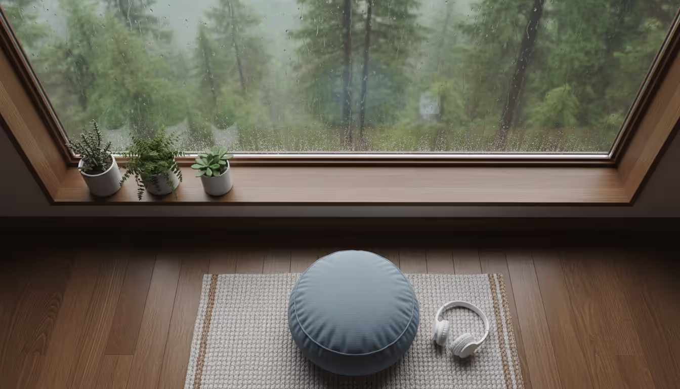 Top view of a cozy meditation spot with a cushion and wireless headphones near a window showing a rainy forest scene outside