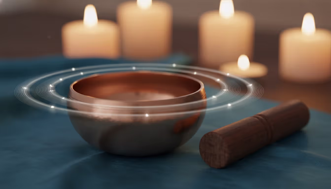Close-up of a Tibetan singing bowl on soft fabric with a wooden mallet and subtle concentric vibration rings emanating from the bowl edges with blurred candles in background