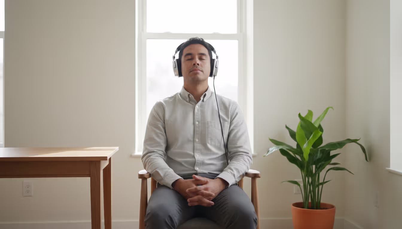 Person sitting in a chair in a minimalist bright room with eyes closed wearing over-ear headphones with a calm focused expression in natural daylight