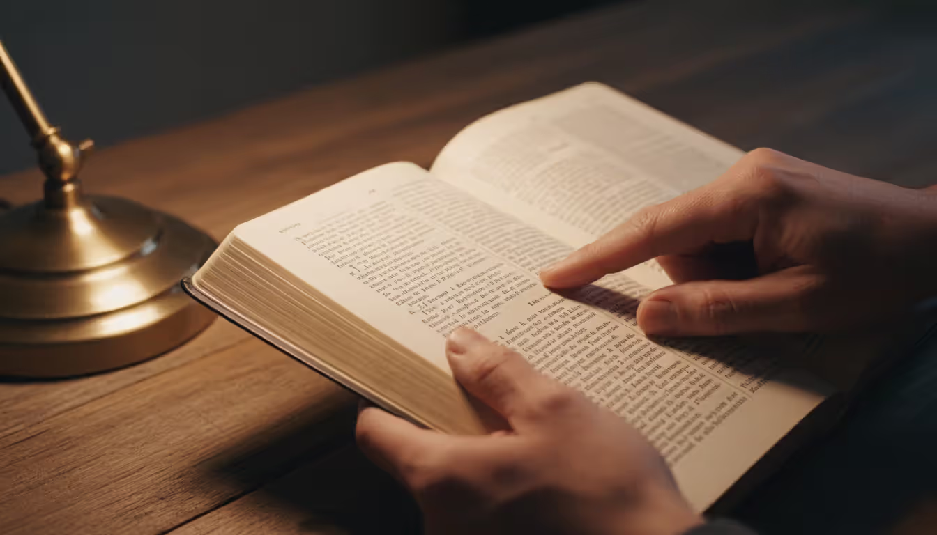 Close-up of hands holding an open Bible with a finger pointing at a specific line under warm lamp light on a wooden desk