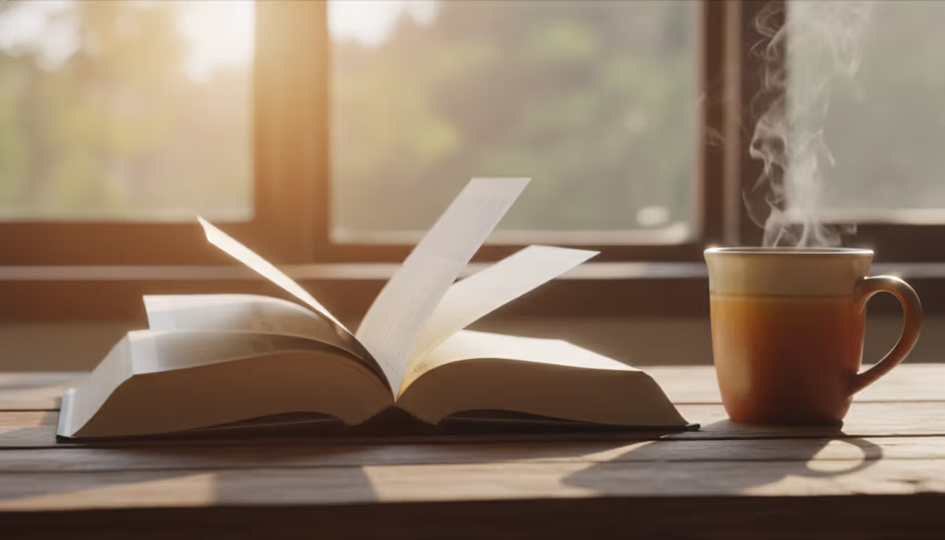 Open Bible on a wooden table in warm morning light with a steaming cup of coffee nearby and a sunlit window in the background