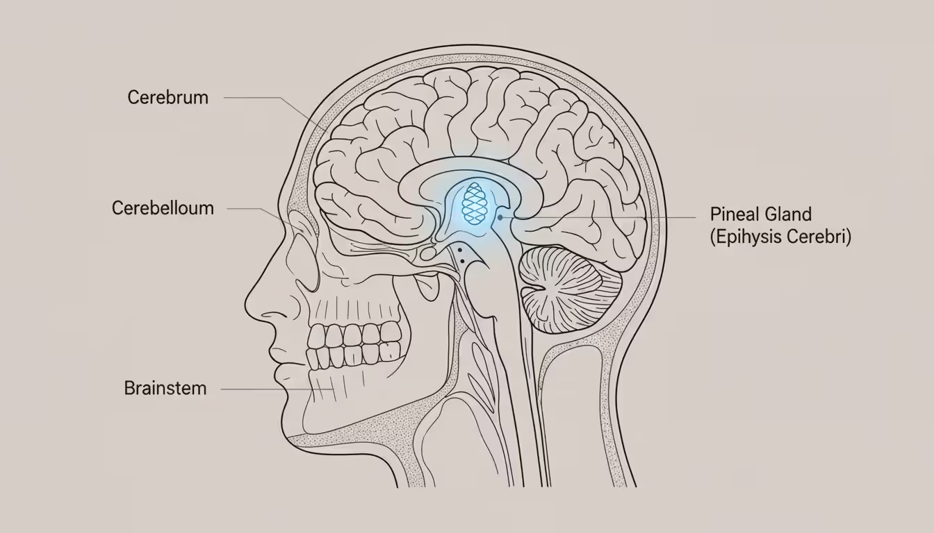 Anatomical cross-section illustration of a human head showing the pineal gland highlighted in the center of the brain between two hemispheres