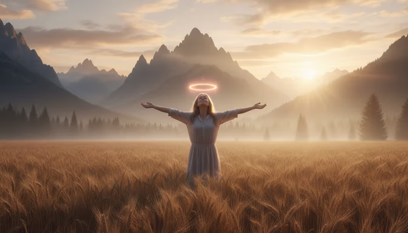 Person standing at sunrise in nature with arms open and soft glow above the head symbolizing spiritual awakening and expanded consciousness