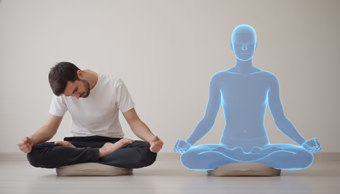 Side-by-side comparison of incorrect slouched meditation posture and correct upright relaxed posture showing common meditation mistakes