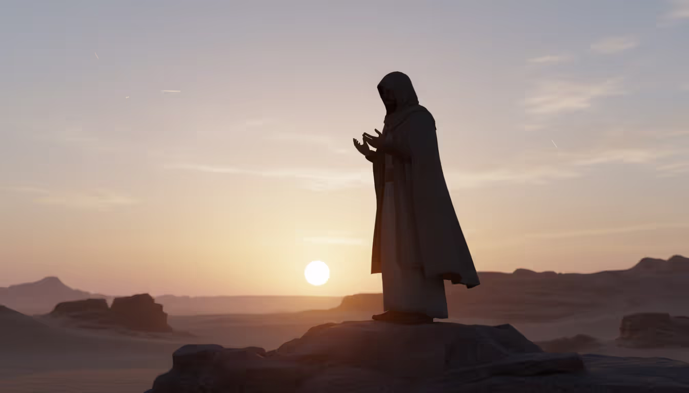 Silhouette of an ancient Jewish man quietly murmuring words on a rocky hillside at sunrise in a desert landscape
