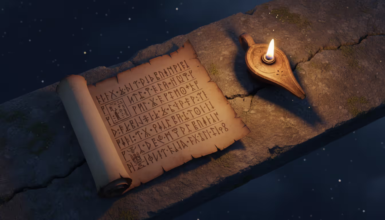 Ancient scroll open on a stone surface beside a lit clay oil lamp in an evening setting with stars visible in background
