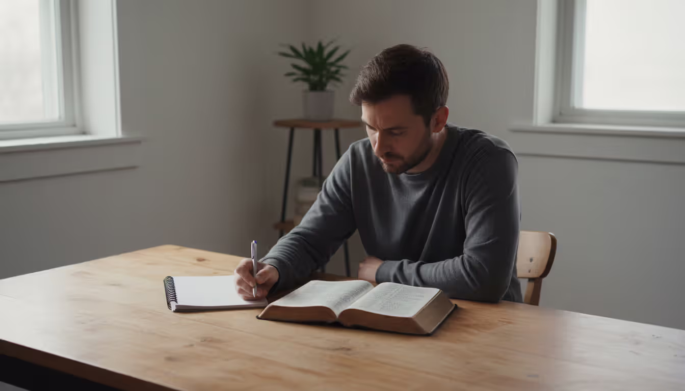 Person sitting at a simple wooden desk with an open Bible and a journal thoughtfully reflecting and writing notes in soft natural light